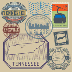 Stamp set with the name and map of Tennessee, United States - obrazy, fototapety, plakaty