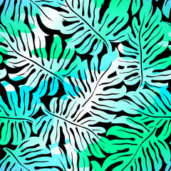 Tropical Monstera seamless pattern in colours on black