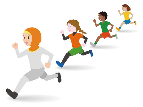 Lined Running Various Races Girls, Clipping Illustration Set, Track And Field, Football, Soccer, Worldwide Friendship, Vector