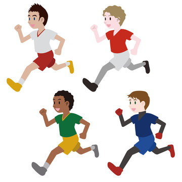 running multicultural boys, clipping illustration set, track and field, football, soccer, worldwide friendship, vector