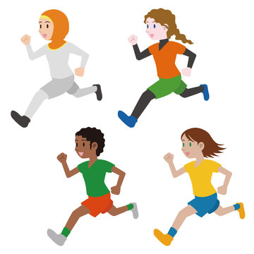 running multicultural girls, clipping illustration set, track and field, football, soccer, worldwide friendship, vector