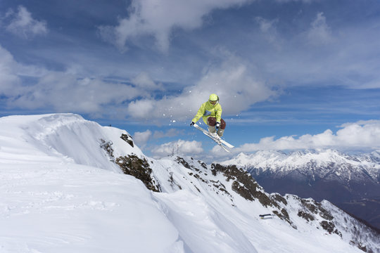 Ski jump on mountains. Extreme winter sport.