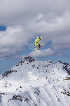 Ski jump on mountains. Extreme winter sport.