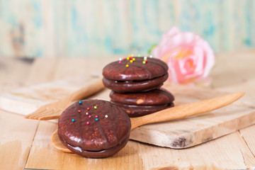 chocolate Sponge sandwich pie on wood table