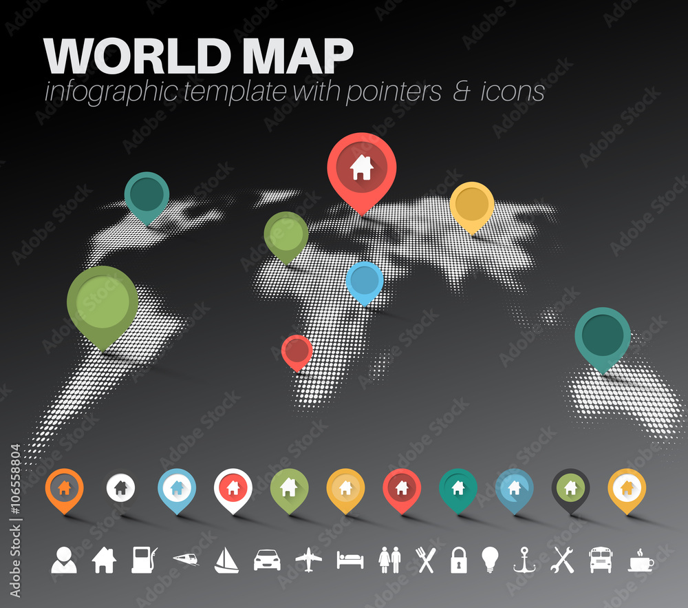 Poster world map with pointers