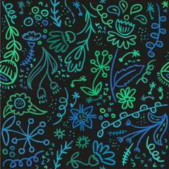 Seamless sketch floral pattern in turquoise and green colors.