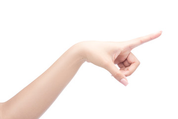 Closeup of Woman hand pointing Isolated on white with clipping path