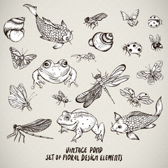 Set of vintage pond water animals vector elements