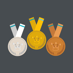 Medals flat design. Gold, silver and bronze medal with crown concept.