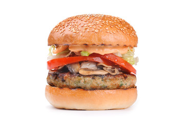 Big tasty hamburger burger with mushroom isolated on white