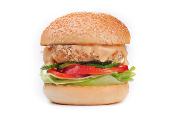 Big tasty crispy chiken hamburger burger isolated on white