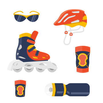 Extreme Protection Wear. Roller Skate Vector. Sport Equipment For Summer Activity. Flat Shoe And Helmet, Knee, Wrist, Elbow Pads. Sport Sun Glasses And Sport Bottle. Protection Equipment Isolated Set