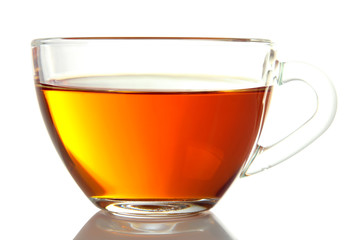 Cup with fresh green tea on white isolated background