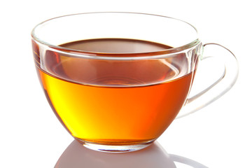 Cup with fresh green tea on white isolated background