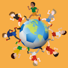 children running around the earth and soccer ball, vector illustration