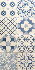 blue color pattern on white mosaic tiles