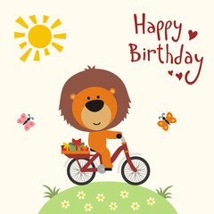 Happy birthday! Funny little lion on bike carries birthday gifts. Happy birthday card. Cartoon  lion on bike. Vector birthday card with cute little lion.