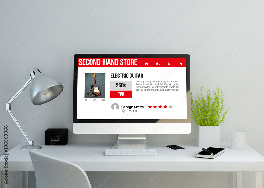 Poster modern clean workspace with second-hand store website on screen