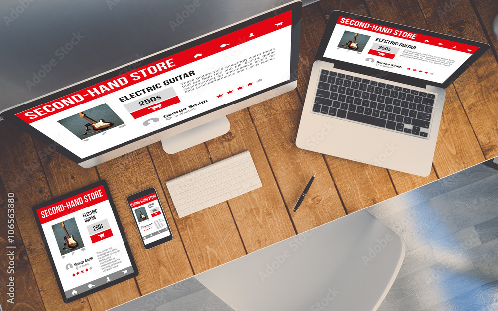 Poster top view workplace with devices showing responsive second-hand s