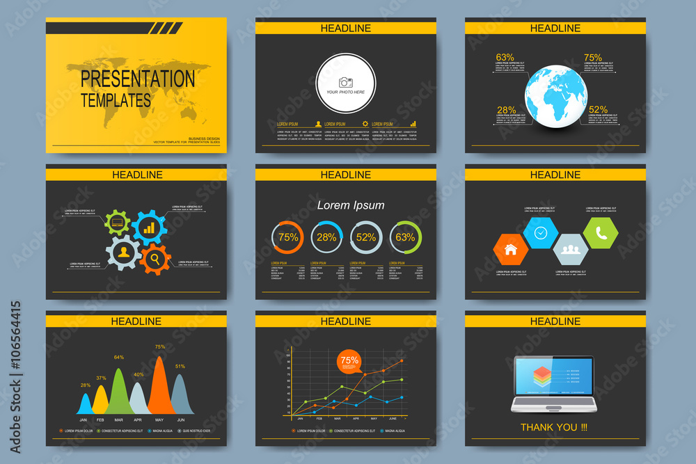 Aufkleber Black and yellow set of vector templates for multipurpose presentation slides. Modern business flat design with graphs or chart. Leaflet marketing advertising