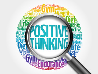 Positive thinking word cloud with magnifying glass, health concept