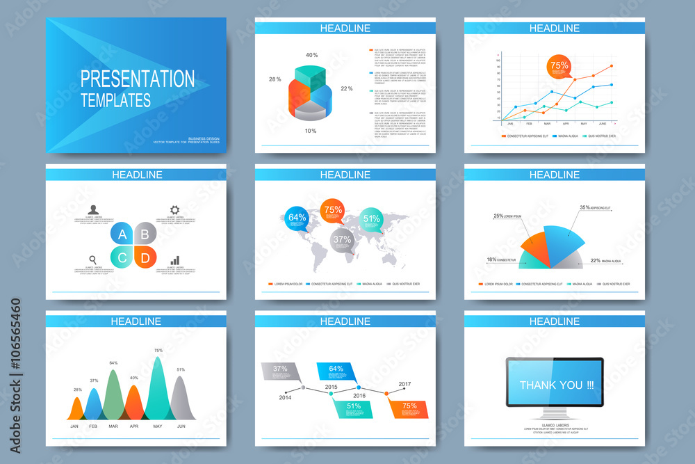 Poster Blue set of vector templates for multipurpose presentation slides. Modern business flat design with graphs and chart. Leaflet marketing advertising