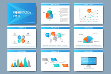 Blue set of vector templates for multipurpose presentation slides. Modern business flat design with graphs and chart. Leaflet marketing advertising