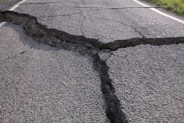 Crack in asphalt for landslide