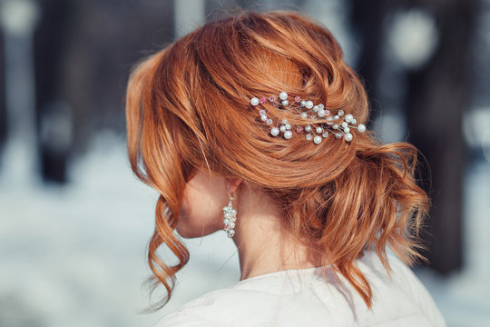 Back View Of Unrecognizable Young Woman With Red Hair In White 