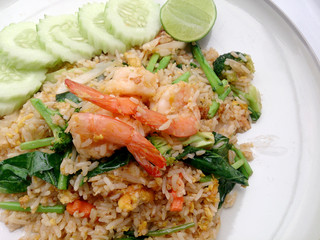 Fried rice with shrimp on the white dish