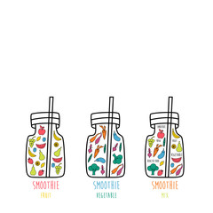 Smoothie illustration. Fruit, vegetable, fish icons. Health, raw food.