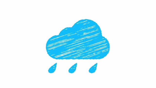 weather icon rain, blue cloud with drops painted with chalk isolated on white background, hand drawn animation 4K
