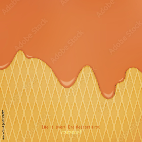 Fresh Flowing Caramel Cream Over Wafer Pattern Vector Dessert