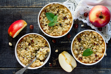 Dessert crumble with apple and nuts, top view