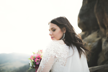 Beautiful bride posing near rocks with beautiful views