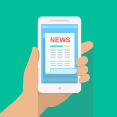 News app on smartphone screen. Online digital mobile media. Hand holds smartphone vector 