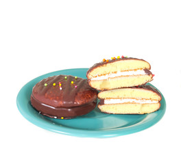 chocolate Sponge sandwich pie on white background