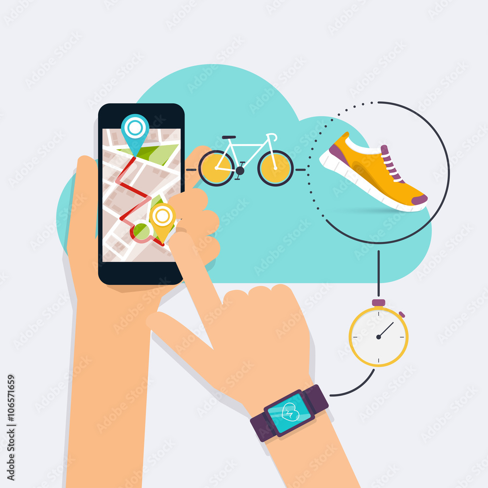 Poster hand holding mobile smart phone app with track displayed with ro
