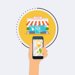 Hand holding mobile smart phone with mobile application search s