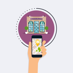 Hand holding mobile smart phone with mobile application search r