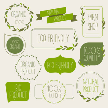 Collection of green labels and badges for organic, natural, bio