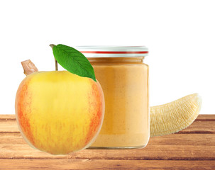 Jar of baby puree, apple and banana isolated on white