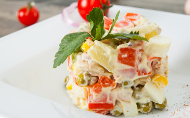 Salad Olivier. Russian traditional salad. Vegetable Salad