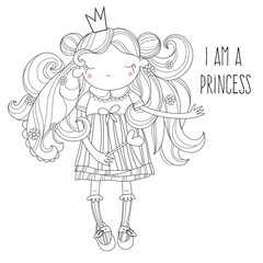 Fototapeta na wymiar Vector cute princess fairy girl in crown.Vector line illustration.Sketch for postcard or print or coloring adult book.Hand drawn free style.