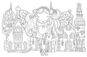 Fototapeta na wymiar Vector cute princess fairy girl with wings in flower crown.Old fairy town city view.Vector line illustration.Sketch for postcard or print or coloring adult book.Hand drawn free boho style.