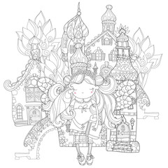 Fototapeta premium Vector cute princess fairy girl with wings in flower crown.Old fairy town city view.Vector line illustration.Sketch for postcard or print or coloring adult book.Hand drawn free boho style.