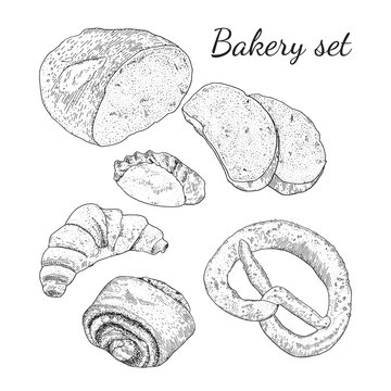 Ink hand drawn bakery set, isolated 