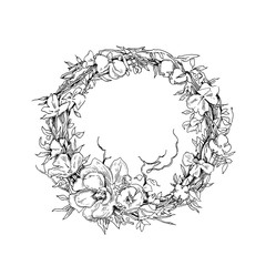 Vector hand drawn illustration. Floral background. Wreath, flowers, branches.