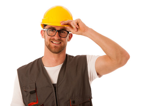 Young worker wtih protective dress and yellow helmet isolated ov