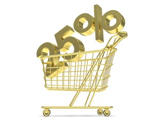 discount 25%, shopping cart on white background. 3D rendering.